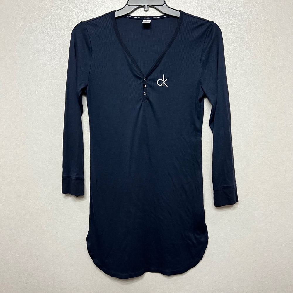 Calvin Klein Womens Navy Blue Ribbed Long Sleeve Henley Sleep Shirt Dress Logo